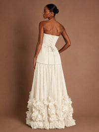Strapless Pleated Floral Satin Formal Dress with Side Slit