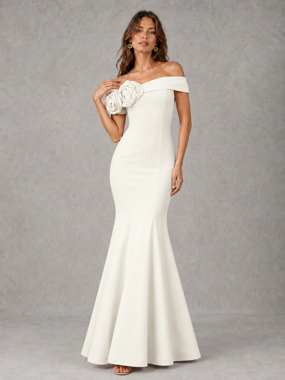 Blush Pink Off Shoulder Mermaid Bridesmaid Dress with Floral Rosette