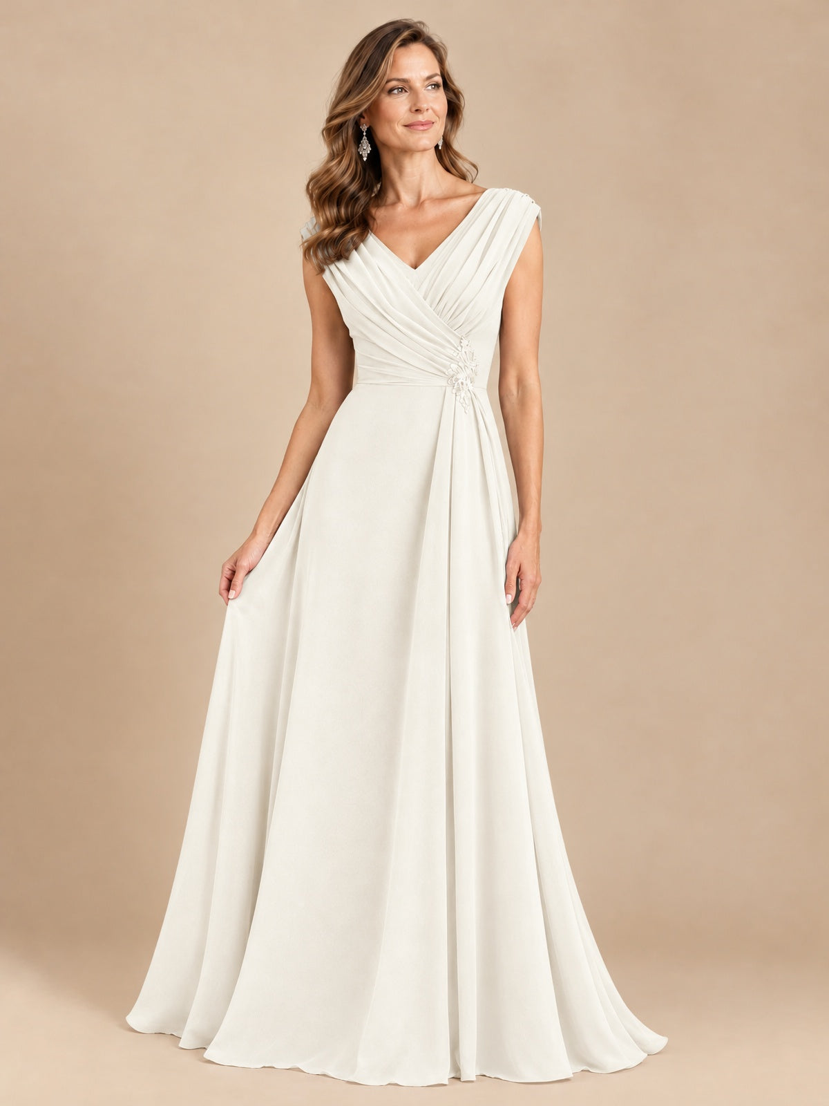 V Neck Pleated Mother of The Bride Dresses with Beading Cap Sleeves