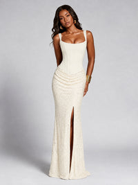 Sequin Corset Mermaid Prom Dress with Square Neck Wide Strap High Slit