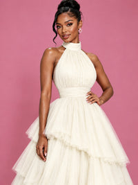 Hot Pink Tulle Halter Neck Tiered Ruffle Maxi Dress
