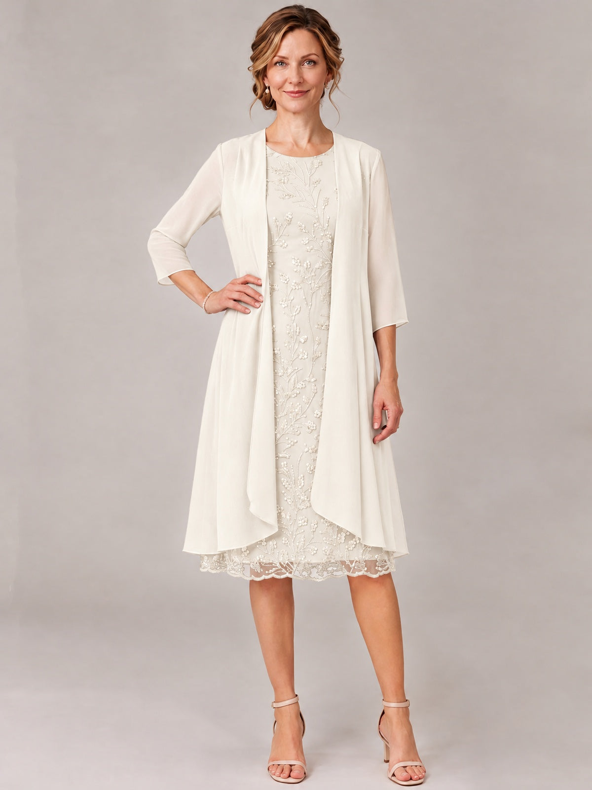 Tea Length Sequin Lace Mother of The Bride Dress with Chiffon Jacket