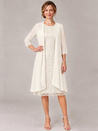 Tea Length Sequin Lace Mother of The Bride Dress with Chiffon Jacket