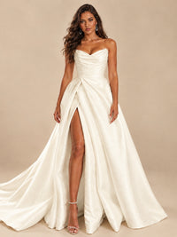 White Satin Wedding Dress with Slit Casual Bridal Formal Gowns