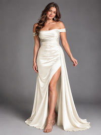 Off Shoulder Satin Maxi Dress with Slit