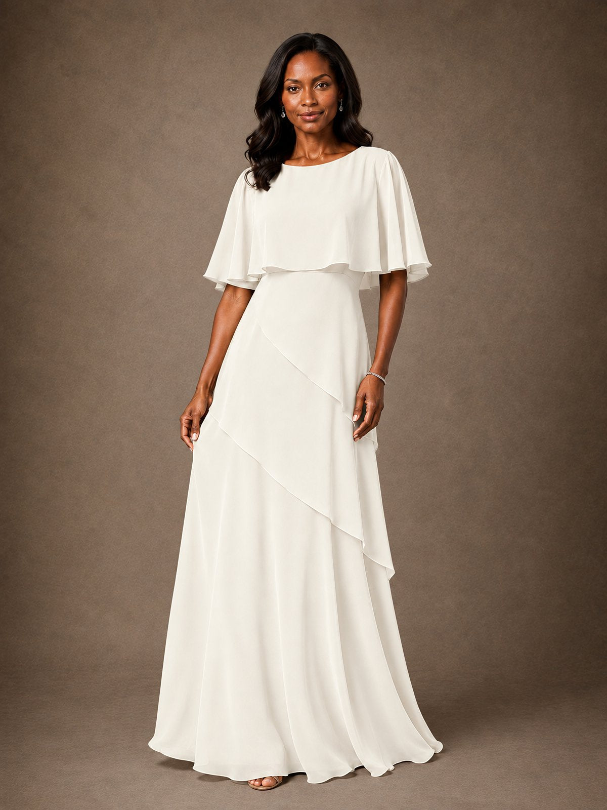 Taupe Chiffon A-Line Mother of the Bride Dress with Cape Sleeves
