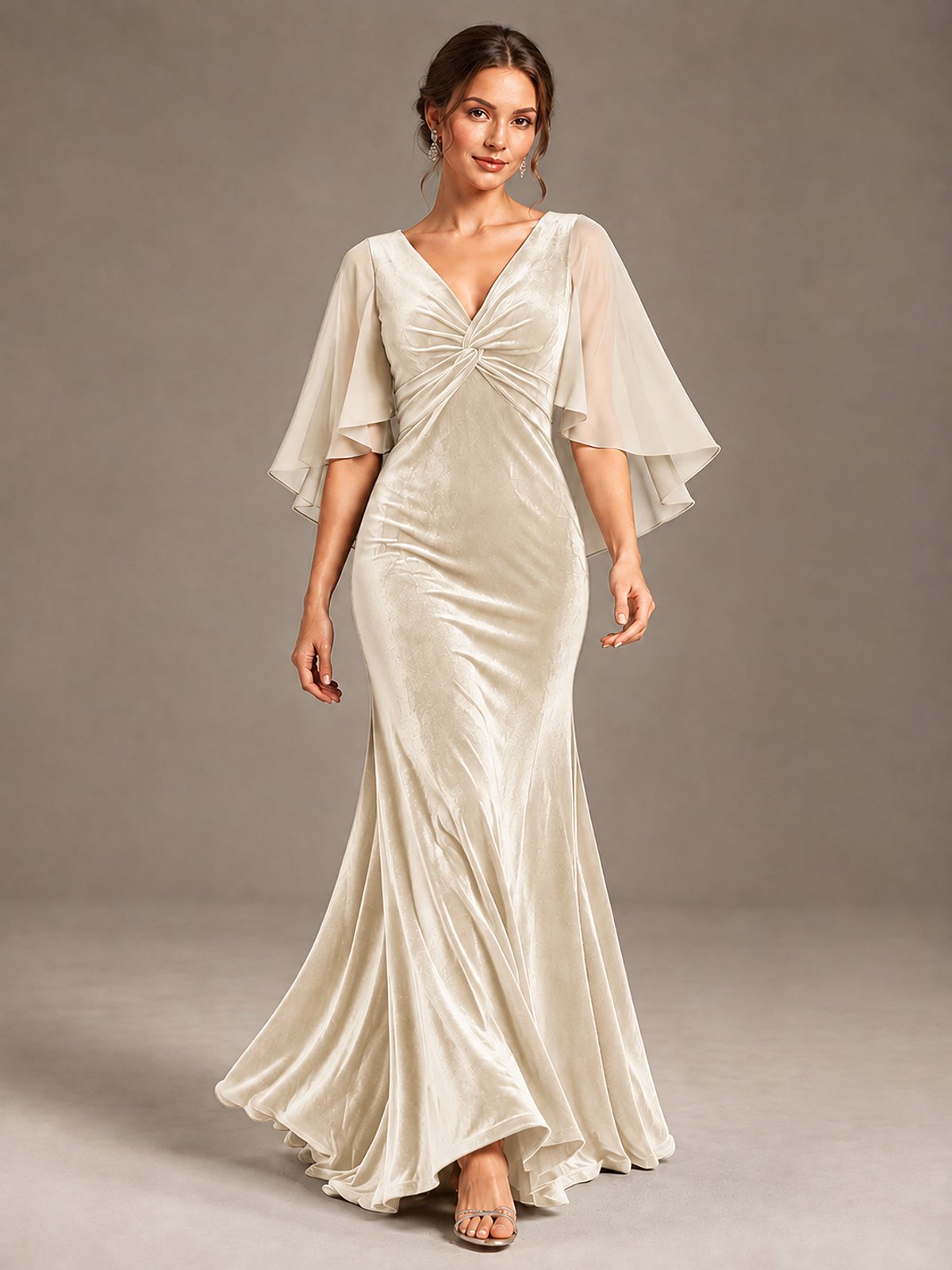 Navy Blue Velvet V Neck Mermaid Formal Dress with Flutter Cape Sleeves
