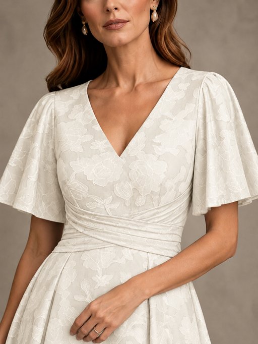 V-Neck Floral Jacquard Tea-Length Mother of the Bride Dress