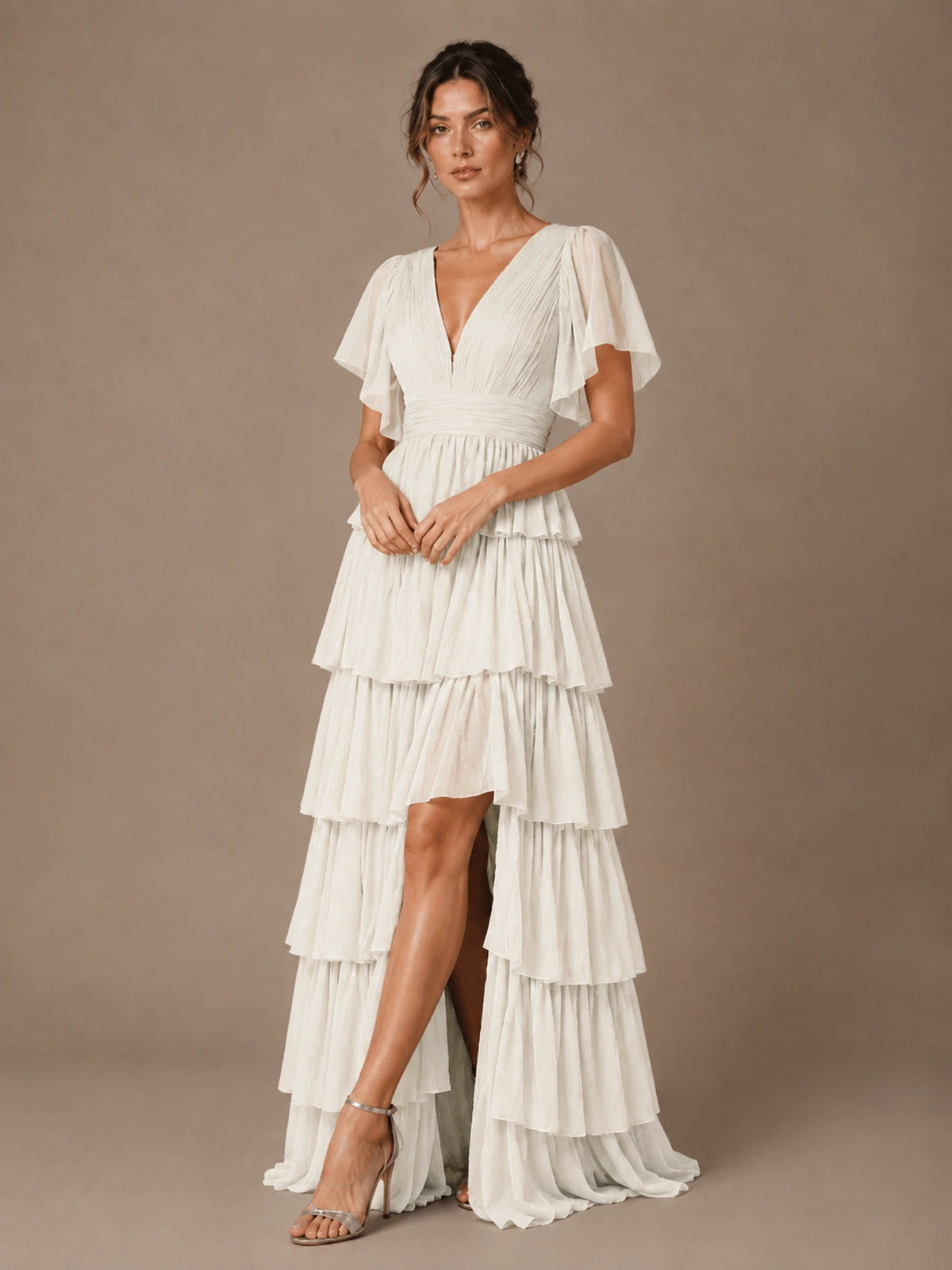 Chiffon V-Neck Tiered Ruffle Bridesmaid Dress with Slit