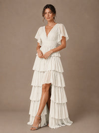 Chiffon V-Neck Tiered Ruffle Bridesmaid Dress with Slit