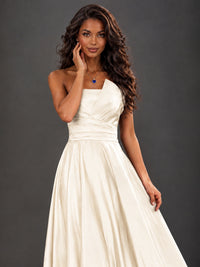 Draped Satin Prom Dress Strapless A-line Formal Dress Floor Length