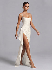 Square Neck Satin Long Prom Dress with Ruffles