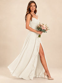 Spaghetti Straps Pleated Chiffon Bridesmaid Dress with Ruffle Slit