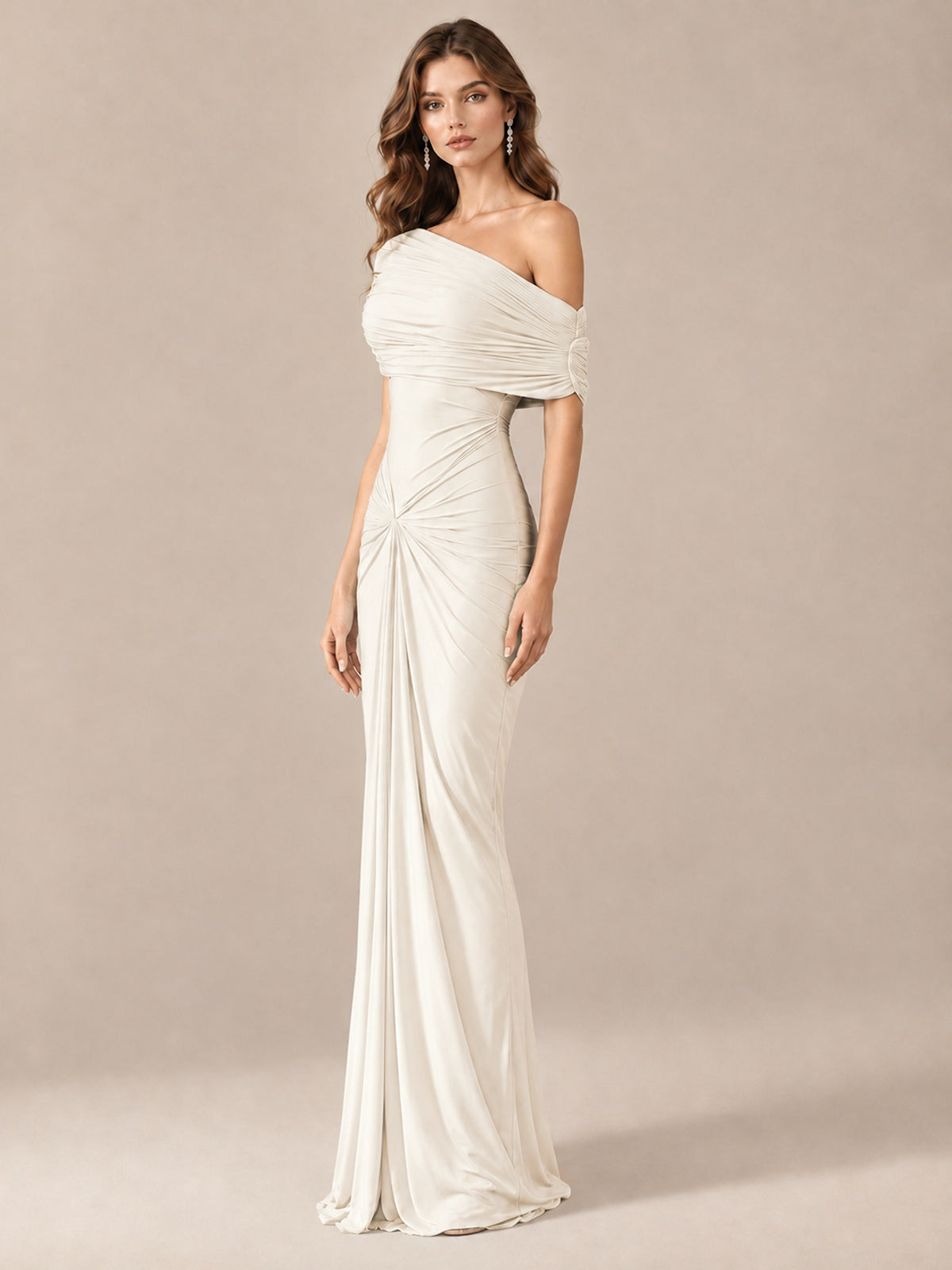 Elegant Draped Off Shoulder Ruched Mermaid Chiffon Formal Evening Gown