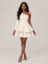 Puffy One Shoulder Sequin Tiered Mini Dress