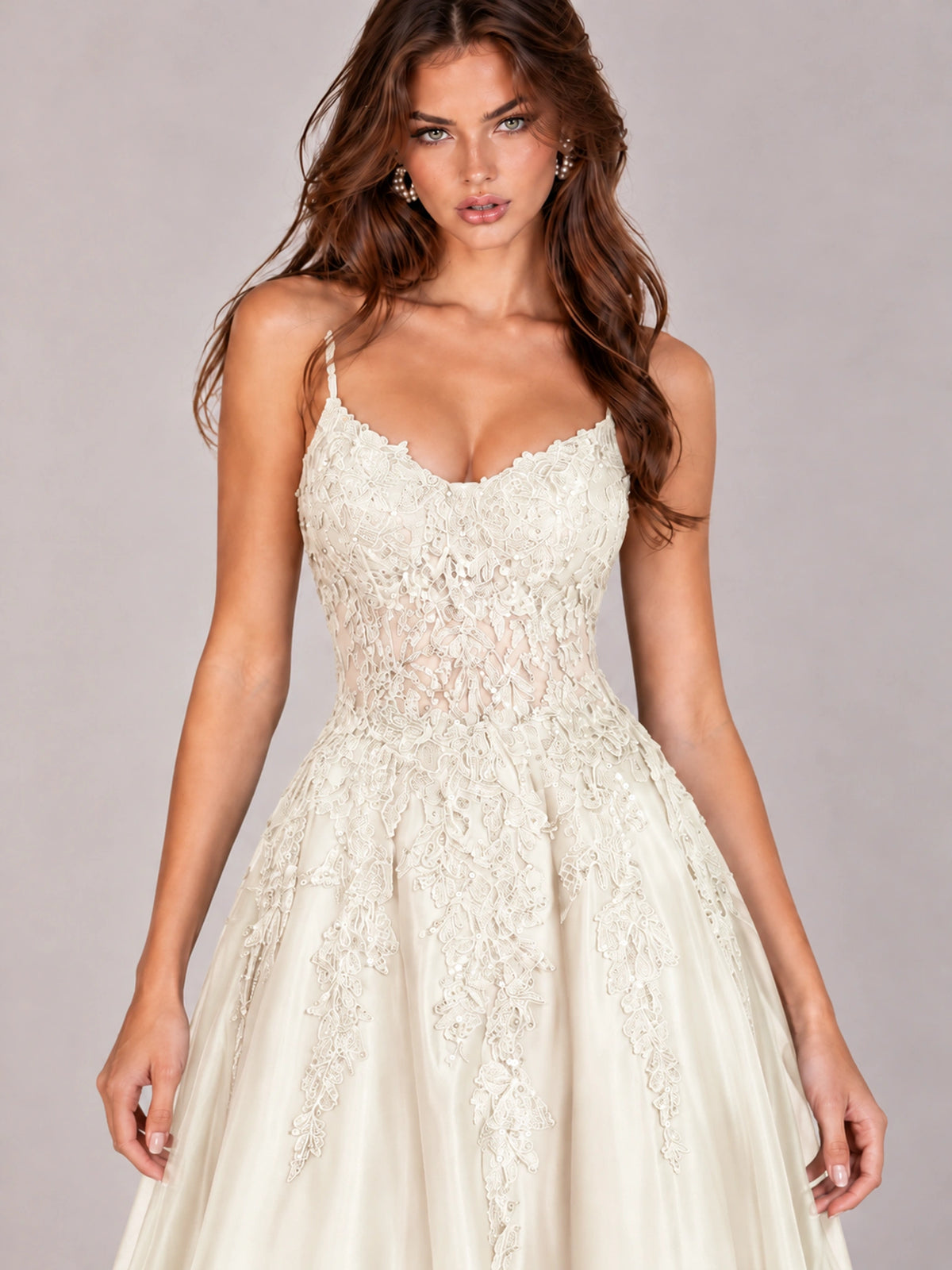 Lace Applique Satin A-Line Prom Dress with Sheer Bodice