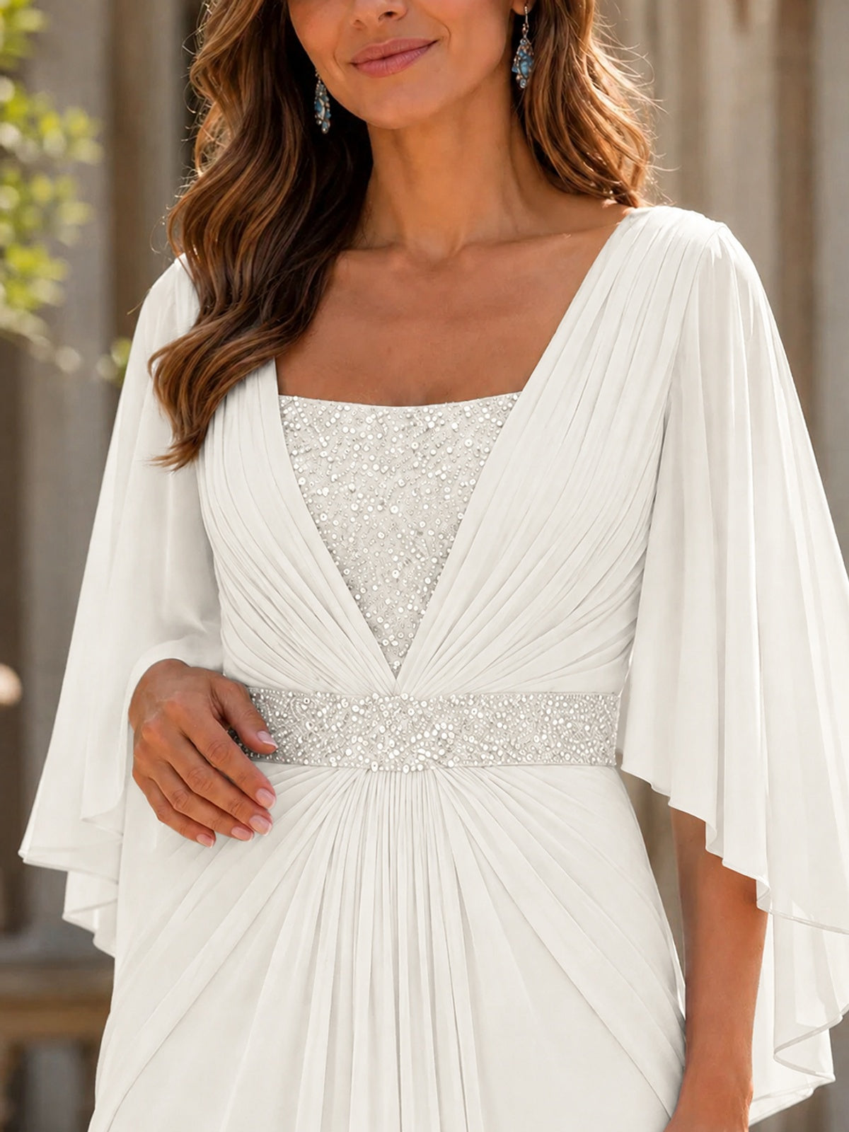 Elegant V-Neck Sequined Chiffon Mother of the Bride Dress with Flutter Sleeves