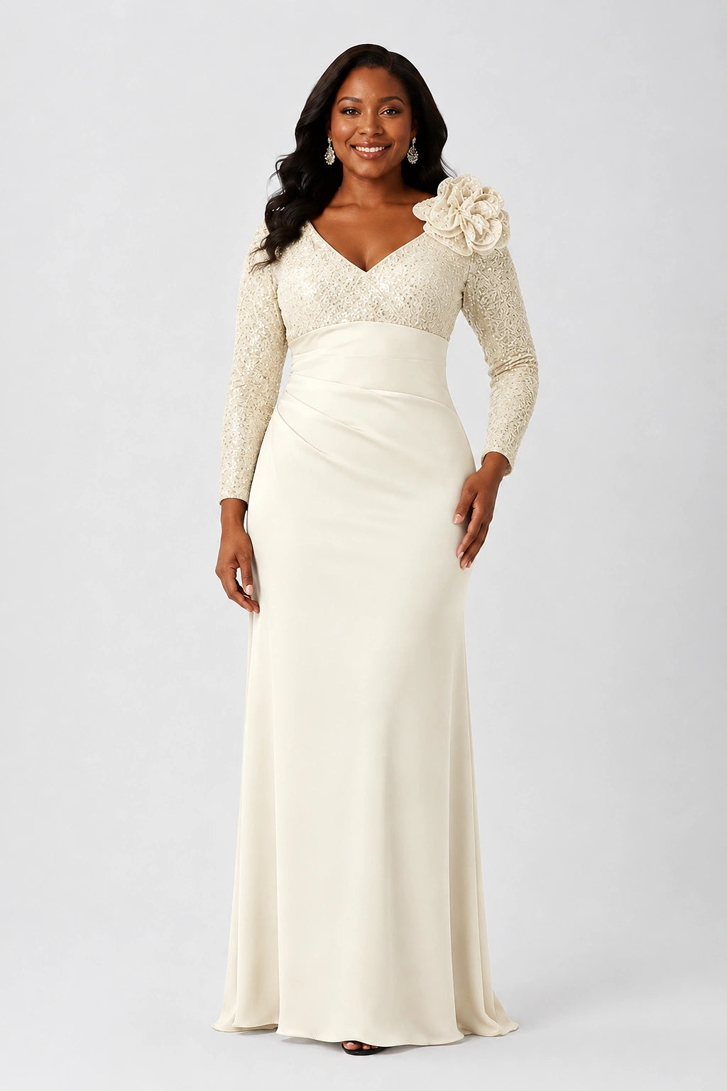 Sequin Mother of the Bride Dress with Long Sleeves 3D Floral V-Neck Gown