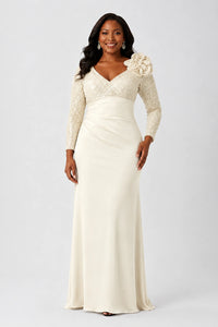 Sequin Mother of the Bride Dress with Long Sleeves 3D Floral V-Neck Gown
