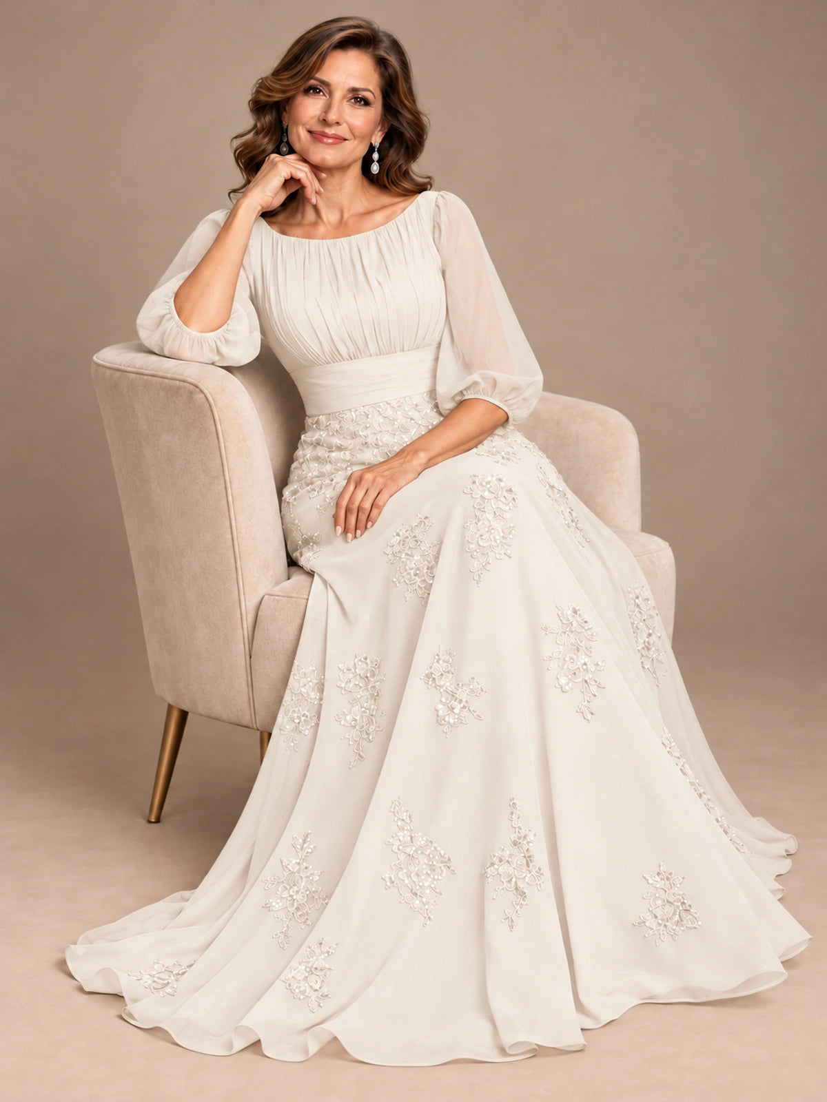 A-Line Mother of the Bride Dress with Sheer Puff Sleeves