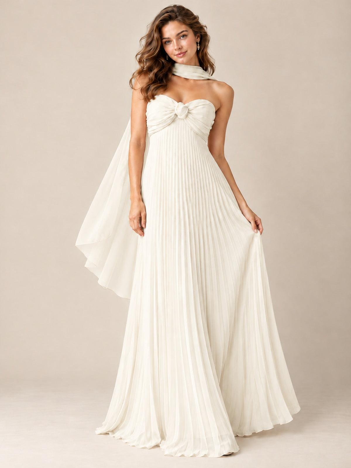 Sweetheart Neckline Pleated Prom Dress Strapless A-line Formal Dress with Flowy Scarf