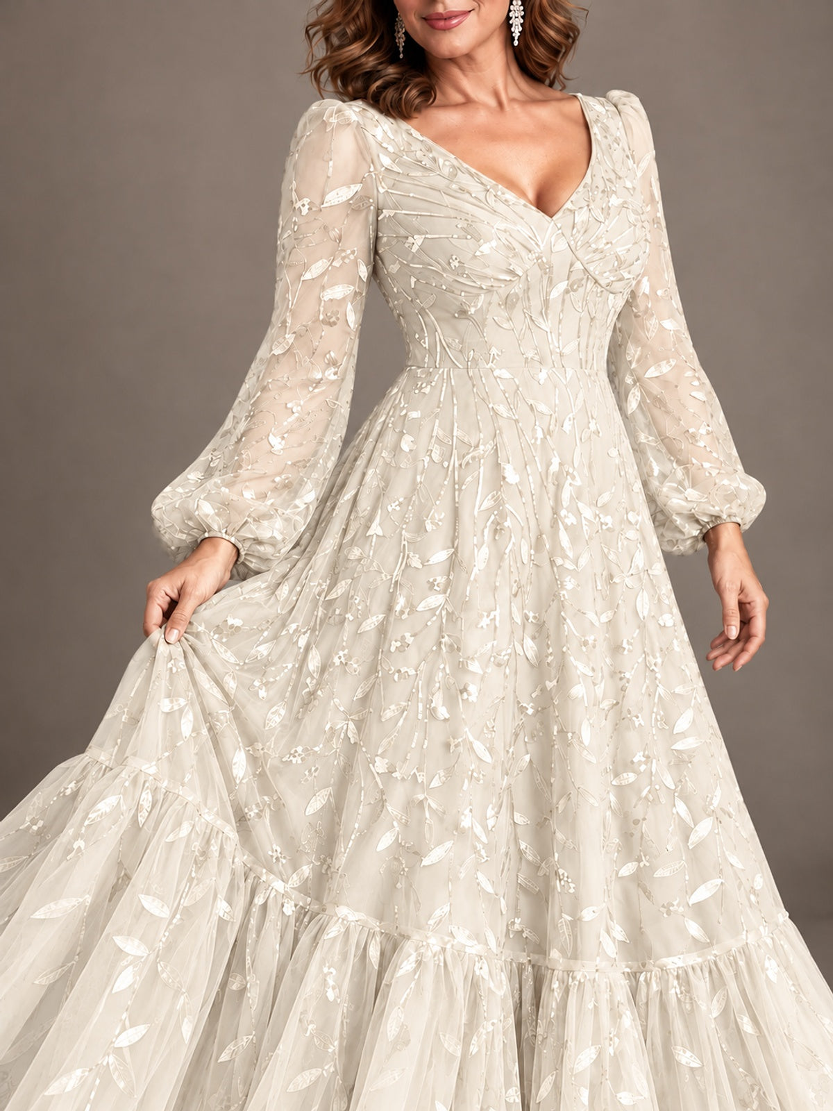 Floral Sequin Embroidered A-Line Mother of the Bride Dress with Long Sleeves
