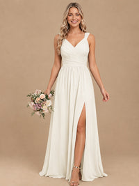 Pleated Chiffon V Neck Wedding Bridesmaid Dresses Floor Length with Slit