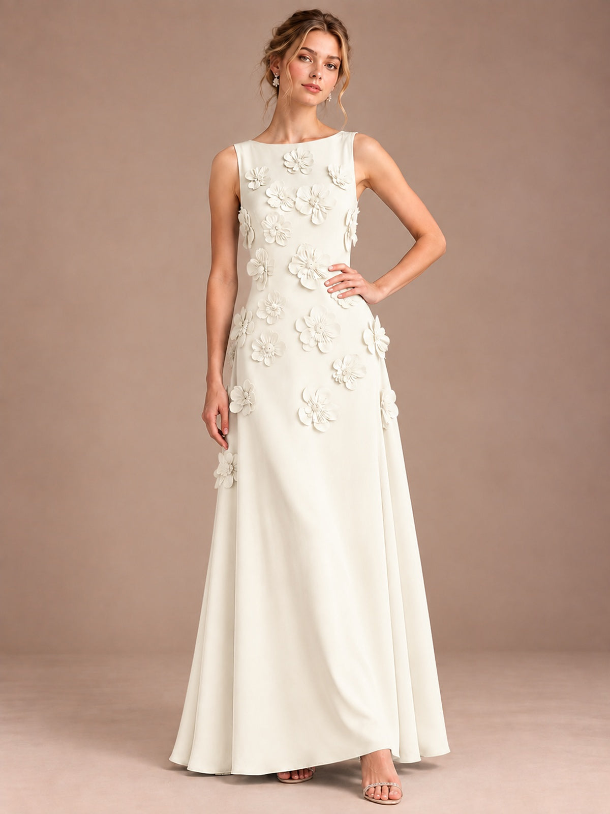 3D Floral Applique Sleeveless Formal Maxi Dress
