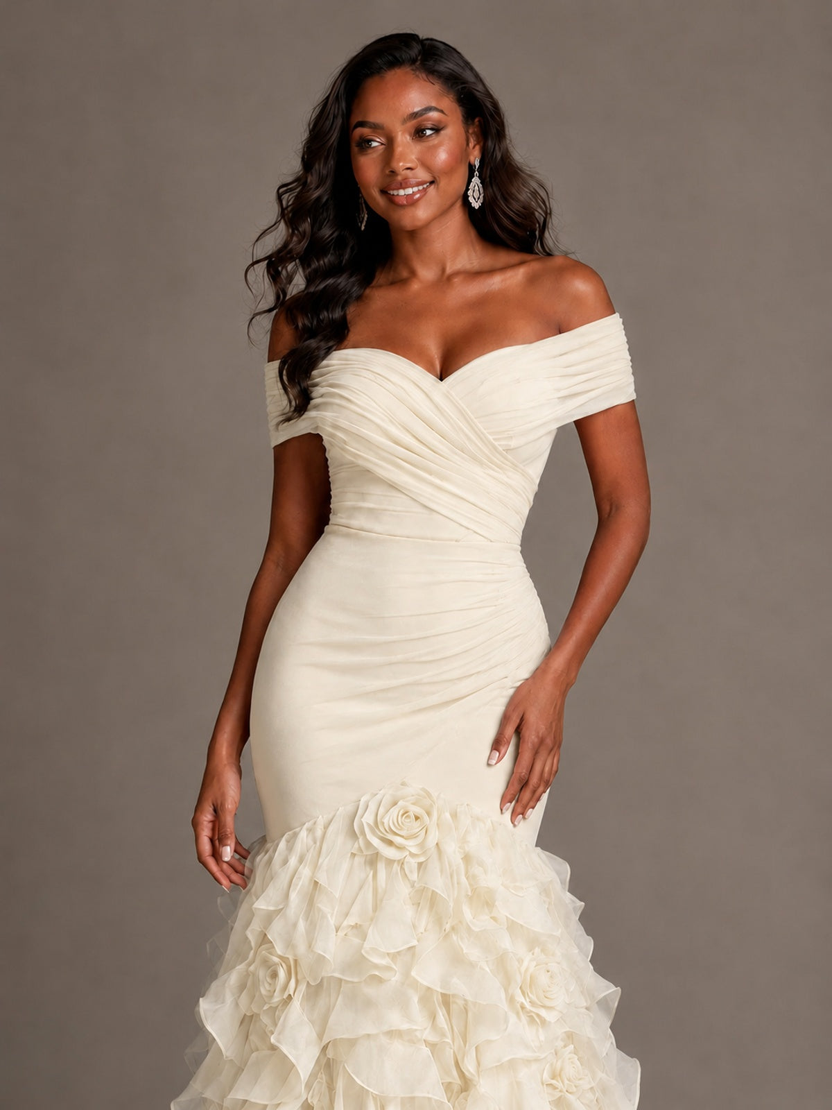 Pink Off-the-Shoulder Mermaid Prom Dress with Ruffles 3D Flowers