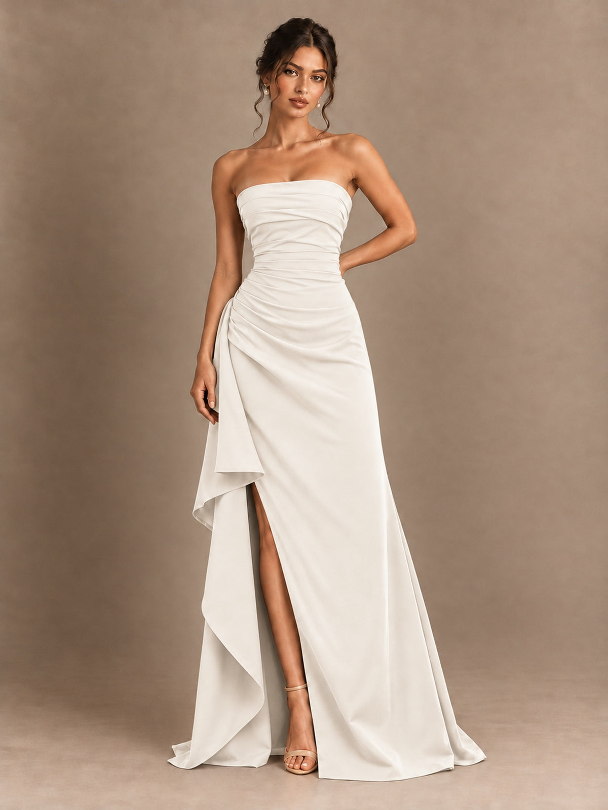 Black and White Strapless Ruched Prom Dress with High Slit & Side Drape