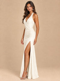 Halter V-Neck Sequin Mermaid Prom Dress with High Slit