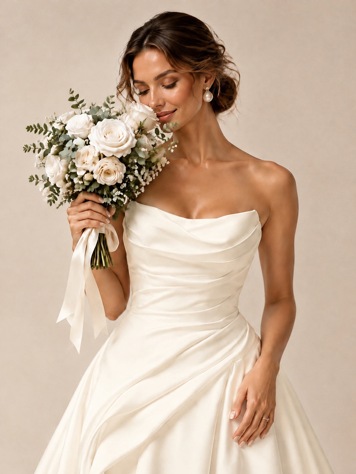 Split Pleated Satin Wedding Dress Strapless Bridal Wedding Gowns with Lace-Up Back