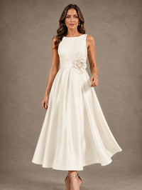 Tea-Length Satin Mother of the Bride Dress with 3D Flower Detail