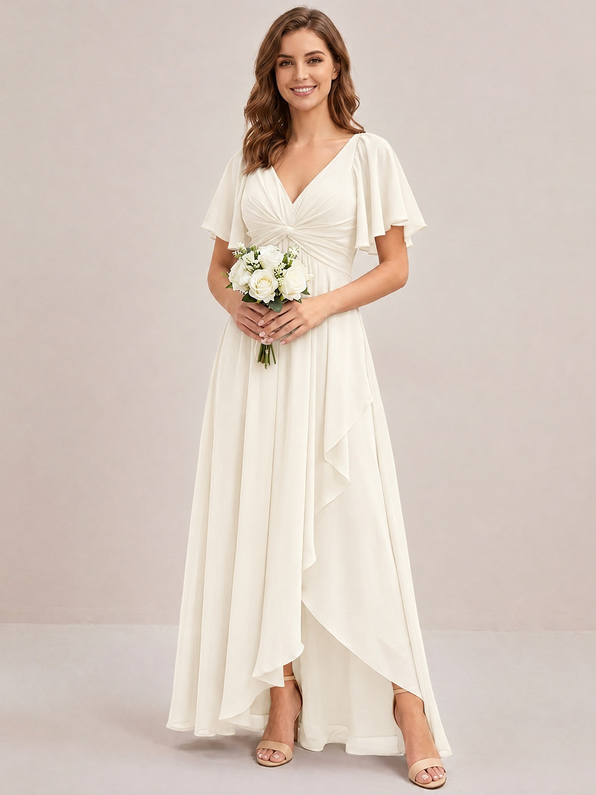 Dusty Blue Chiffon Bridesmaid Dress with Flutter Sleeves & High-Low Hem