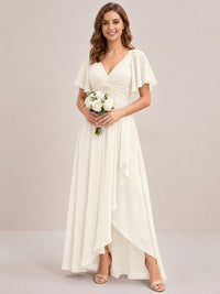 Dusty Blue Chiffon Bridesmaid Dress with Flutter Sleeves & High-Low Hem