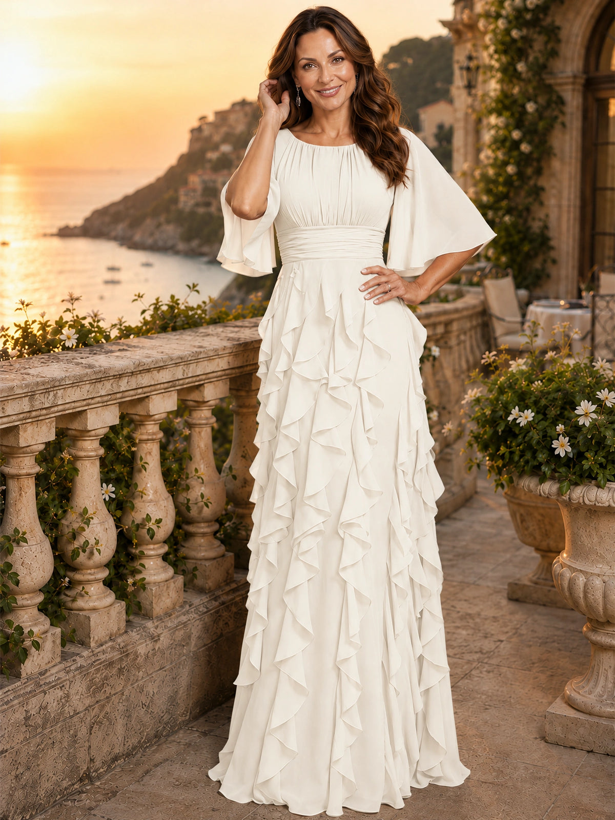Elegant Chiffon Mother of the Bride Dress with Flutter Sleeves and Ruffle Skirt