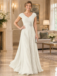 Pleated Chiffon Lace Mother of The Bride Dresses with Beading Cap Sleeves
