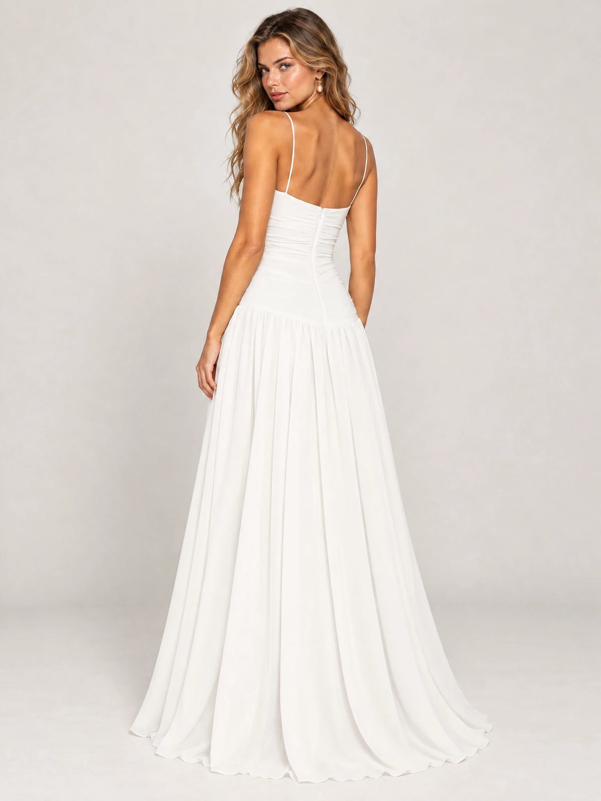 Butter Yellow Ruched Spaghetti Strap Drop-Waist Prom Dress