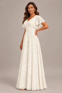 Jovellee Floral Chiffon A-Line Mother of the Bride Dress with Flutter Sleeves