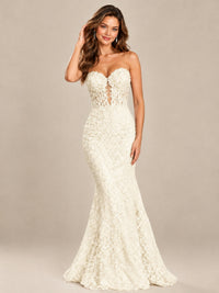Strapless Corset Mermaid Prom Dress with Floral Lace Appliqué
