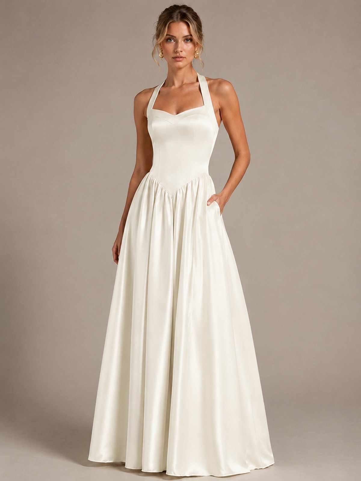 Light Yellow Halter Neck Satin A-Line Maxi Dress with Pockets