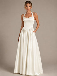 Light Yellow Halter Neck Satin A-Line Maxi Dress with Pockets