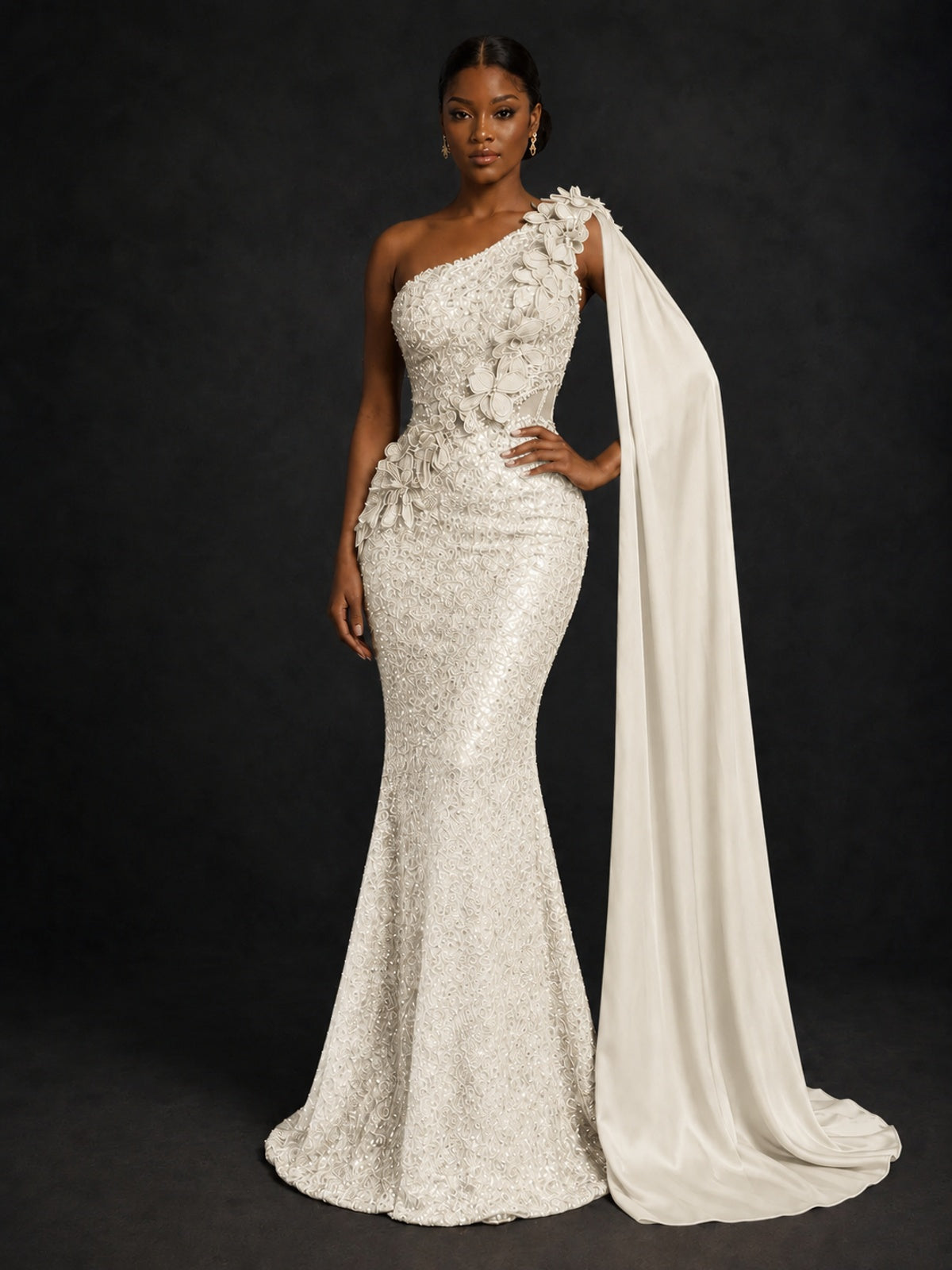 Gold Sequin One Shoulder Mermaid Prom Dress with Cape