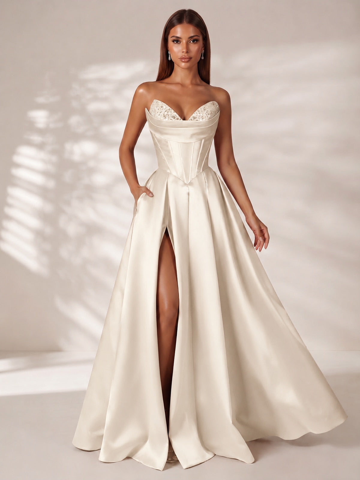 Strapless Corset Satin Prom Dress Long Evening Gown with High Slit