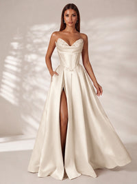 Strapless Corset Satin Prom Dress Long Evening Gown with High Slit