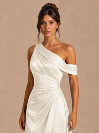 Satin One Shoulder Prom Dress Ruched Long Formal Evening Gown