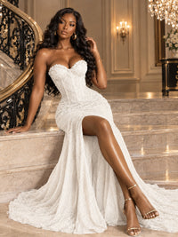 Beaded Sequin Prom Dress Strapless Formal Gowns with High Slit Train