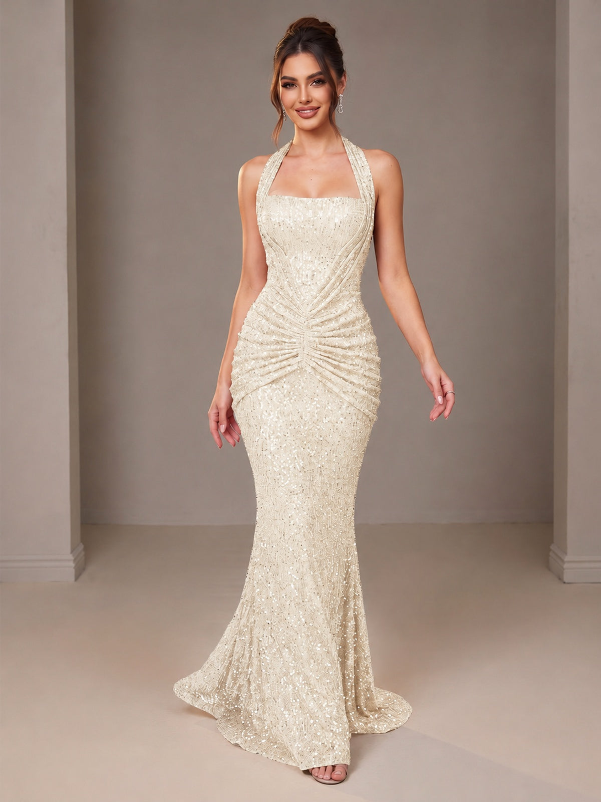 Gold Halter Sequin Mermaid Ruched Prom Dress Long Ruched Evening Gown