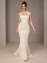 Gold Halter Sequin Mermaid Ruched Prom Dress Long Ruched Evening Gown