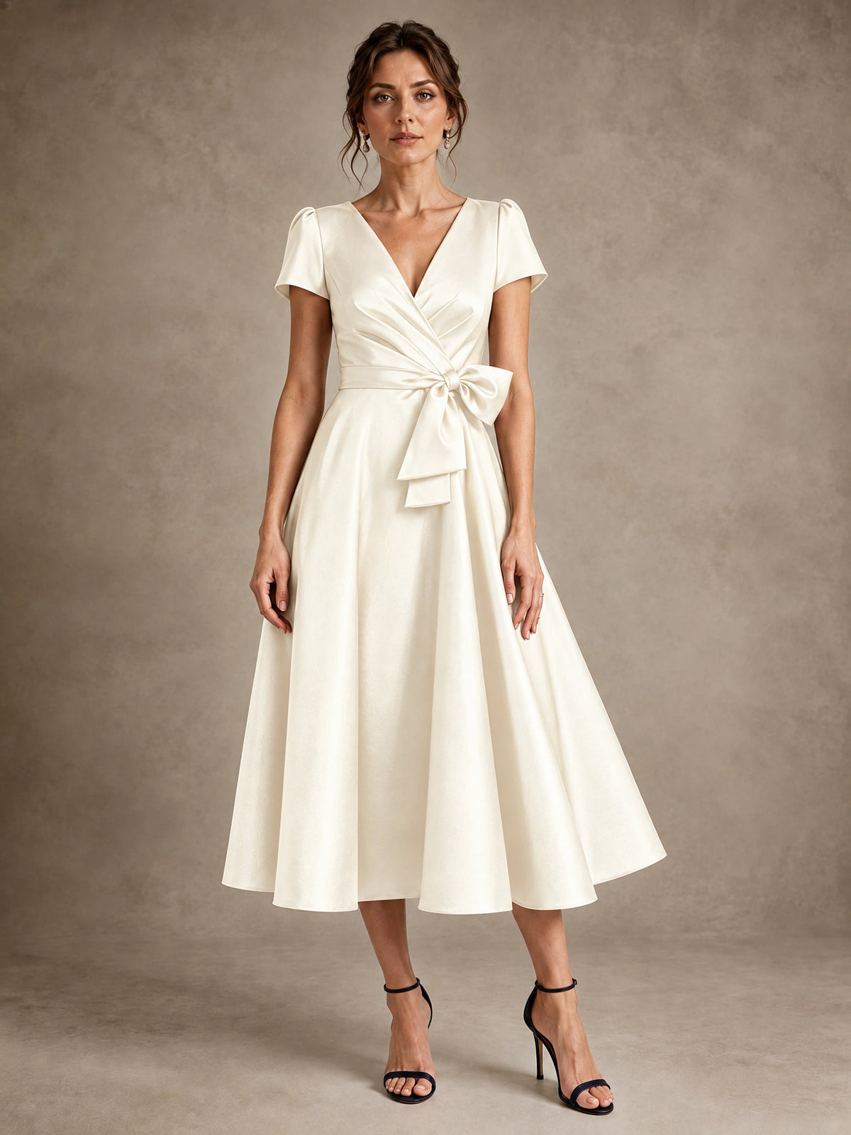 Ivory V-Neck Tea-Length Satin Mother of the Bride Dress with Bow Jovellee